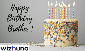 "Happy birthday wishes for brother with cake and balloons illustration"